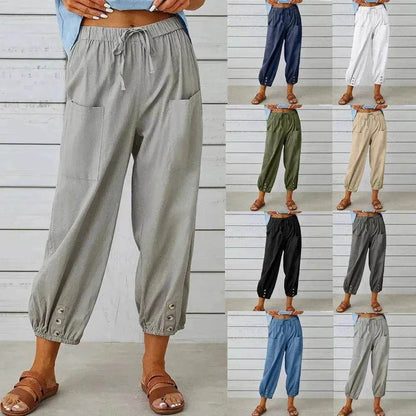 Women Drawstring Tie Pants Spring Summer Cotton And Linen Trousers With Pockets Button - www.Shopthatapp.com