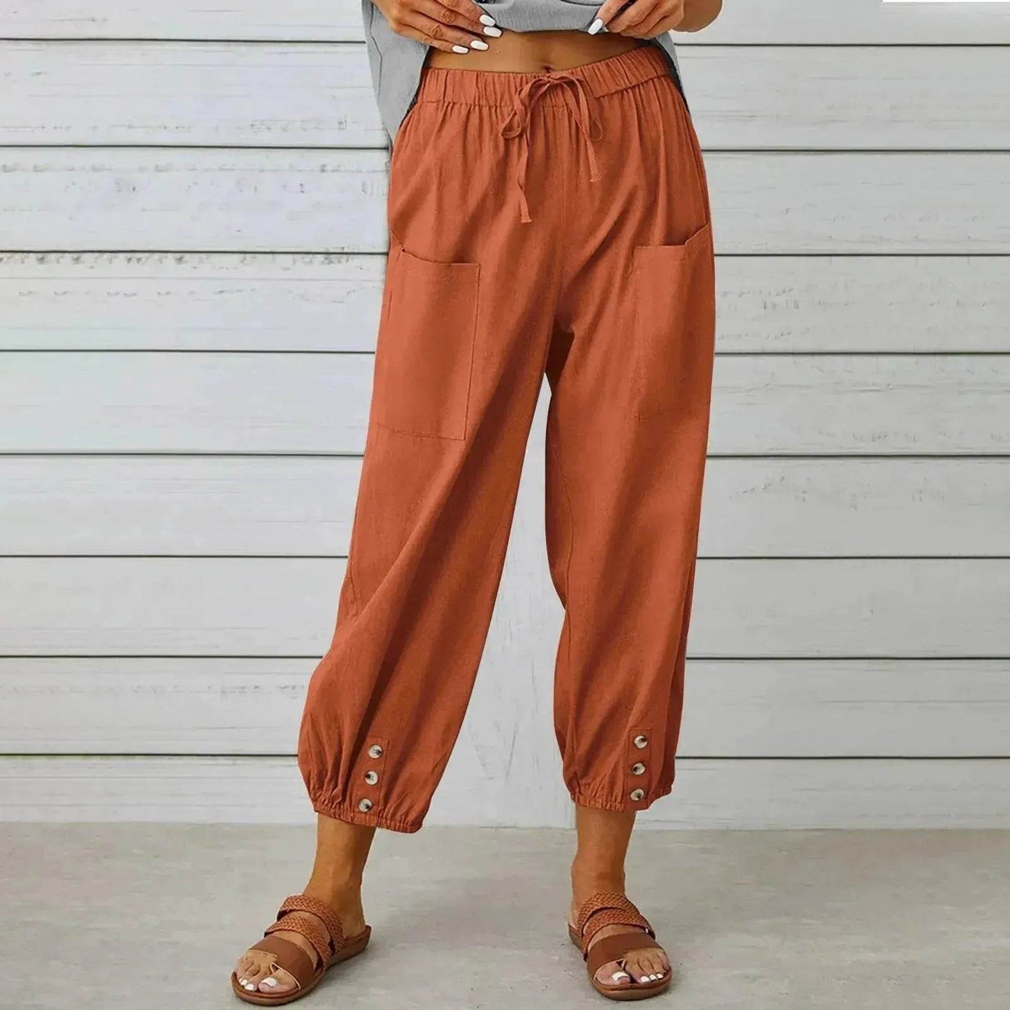 Women Drawstring Tie Pants Spring Summer Cotton And Linen Trousers With Pockets Button - www.Shopthatapp.com