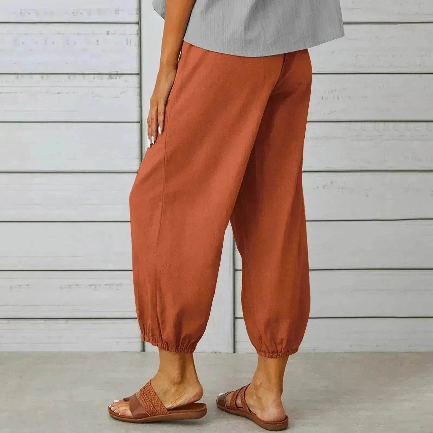 Women Drawstring Tie Pants Spring Summer Cotton And Linen Trousers With Pockets Button - www.Shopthatapp.com