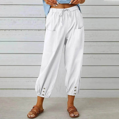 Women Drawstring Tie Pants Spring Summer Cotton And Linen Trousers With Pockets Button - www.Shopthatapp.com