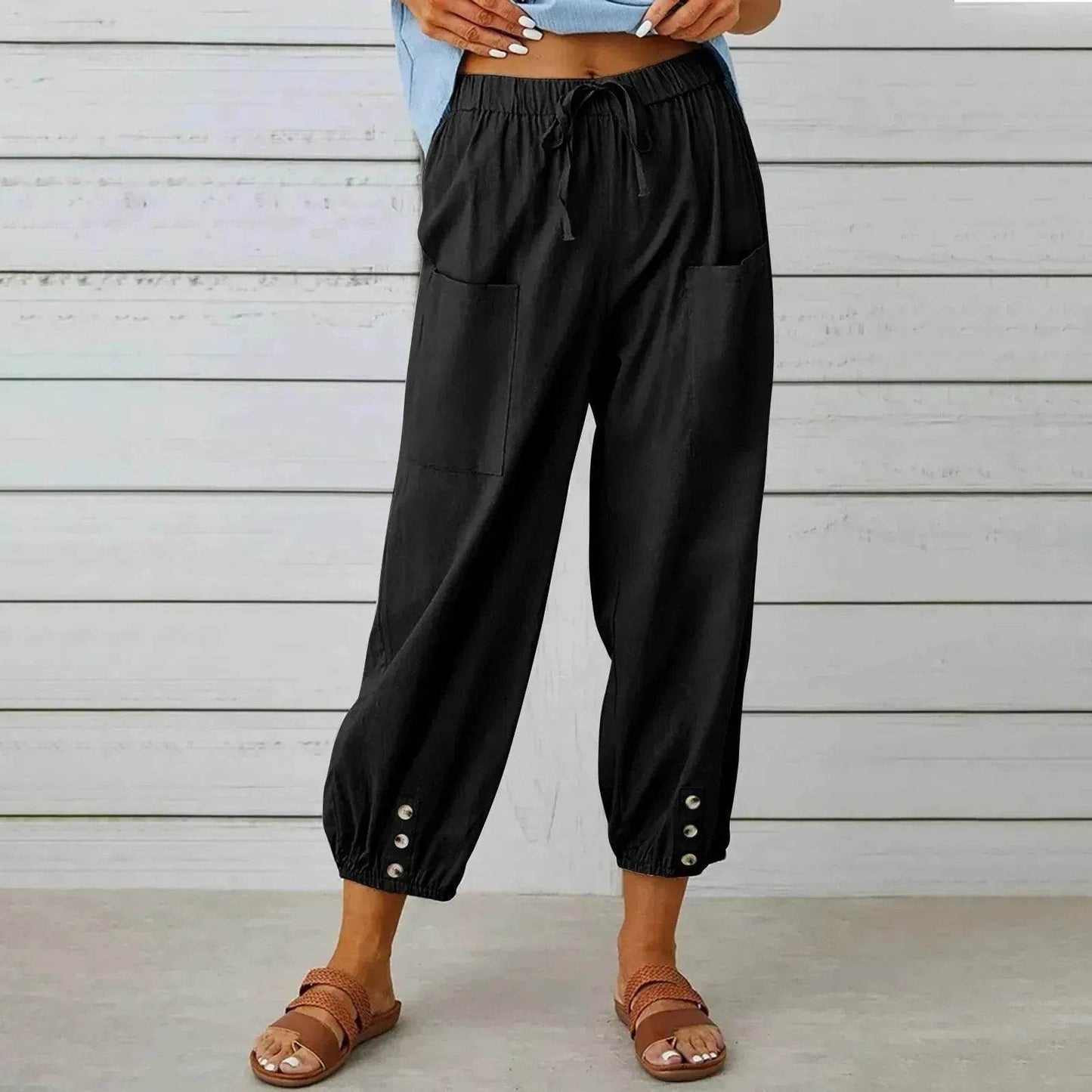 Women Drawstring Tie Pants Spring Summer Cotton And Linen Trousers With Pockets Button - www.Shopthatapp.com