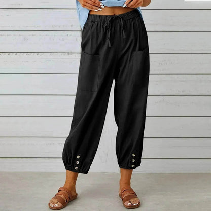 Women Drawstring Tie Pants Spring Summer Cotton And Linen Trousers With Pockets Button - www.Shopthatapp.com