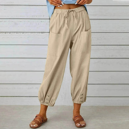 Women Drawstring Tie Pants Spring Summer Cotton And Linen Trousers With Pockets Button - www.Shopthatapp.com