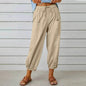Women Drawstring Tie Pants Spring Summer Cotton And Linen Trousers With Pockets Button - www.Shopthatapp.com