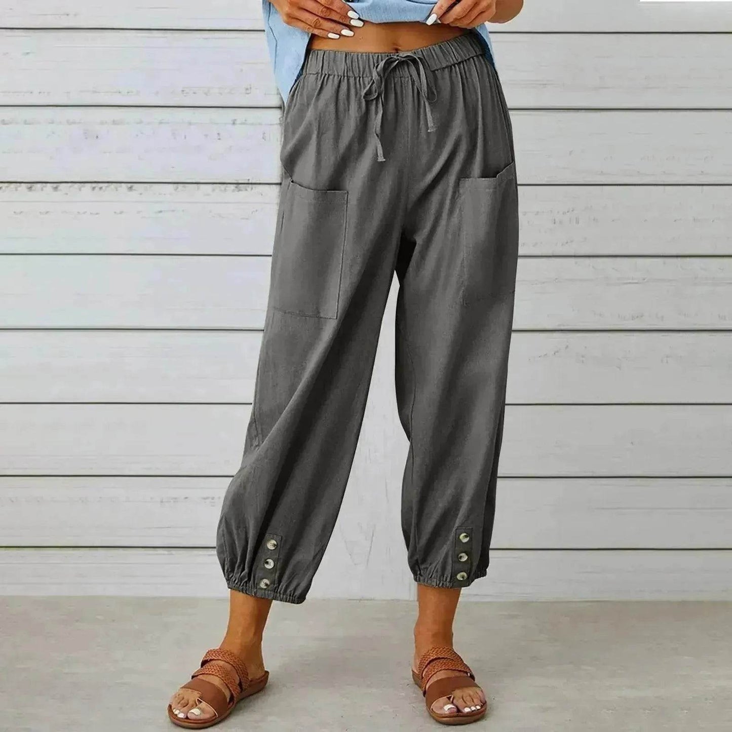 Women Drawstring Tie Pants Spring Summer Cotton And Linen Trousers With Pockets Button - www.Shopthatapp.com