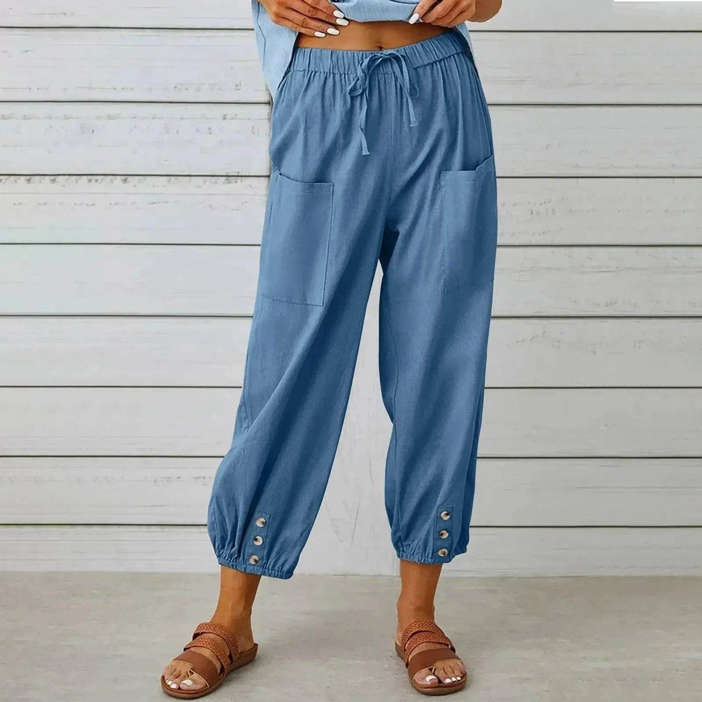 Women Drawstring Tie Pants Spring Summer Cotton And Linen Trousers With Pockets Button - www.Shopthatapp.com