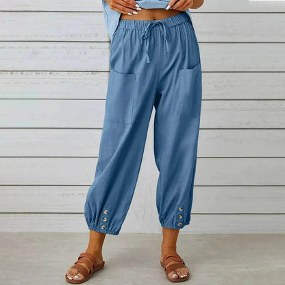Women Drawstring Tie Pants Spring Summer Cotton And Linen Trousers With Pockets Button - www.Shopthatapp.com