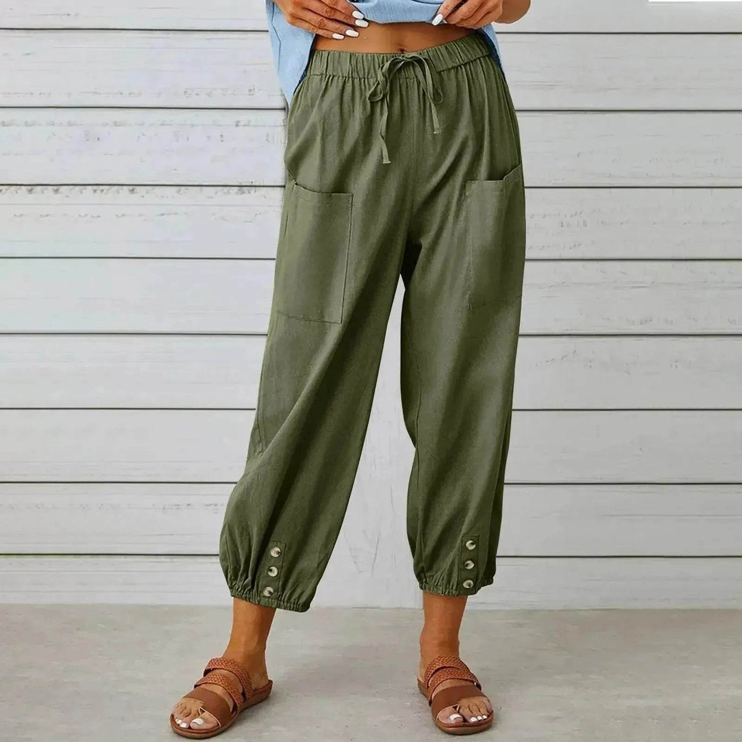 Women Drawstring Tie Pants Spring Summer Cotton And Linen Trousers With Pockets Button - www.Shopthatapp.com