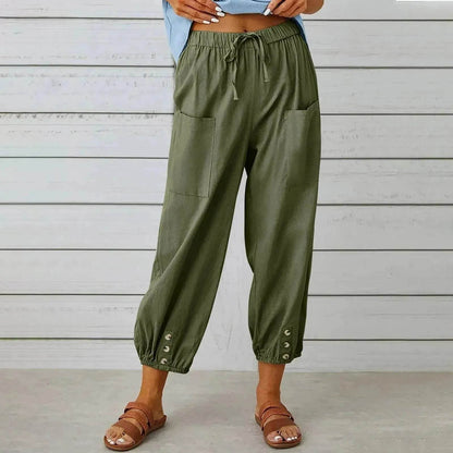 Women Drawstring Tie Pants Spring Summer Cotton And Linen Trousers With Pockets Button - www.Shopthatapp.com