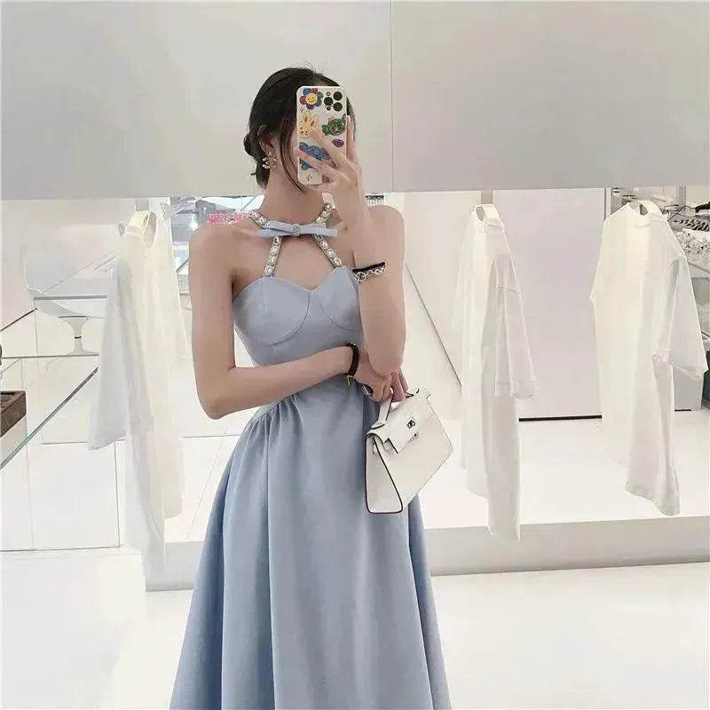 Women Evening Party Dress Diamond Halterneck Charming Sleeveless long Dress  for Elegant Chic ladies - www.Shopthatapp.com