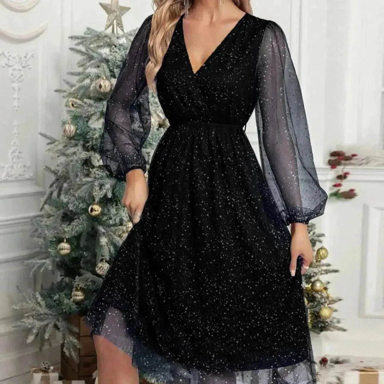 Women Fashion Stitching Mesh V-Neck Midi Dress - www.Shopthatapp.com