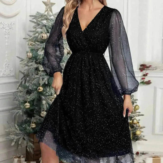 Women Fashion Stitching Mesh V-Neck Midi Dress - www.Shopthatapp.com