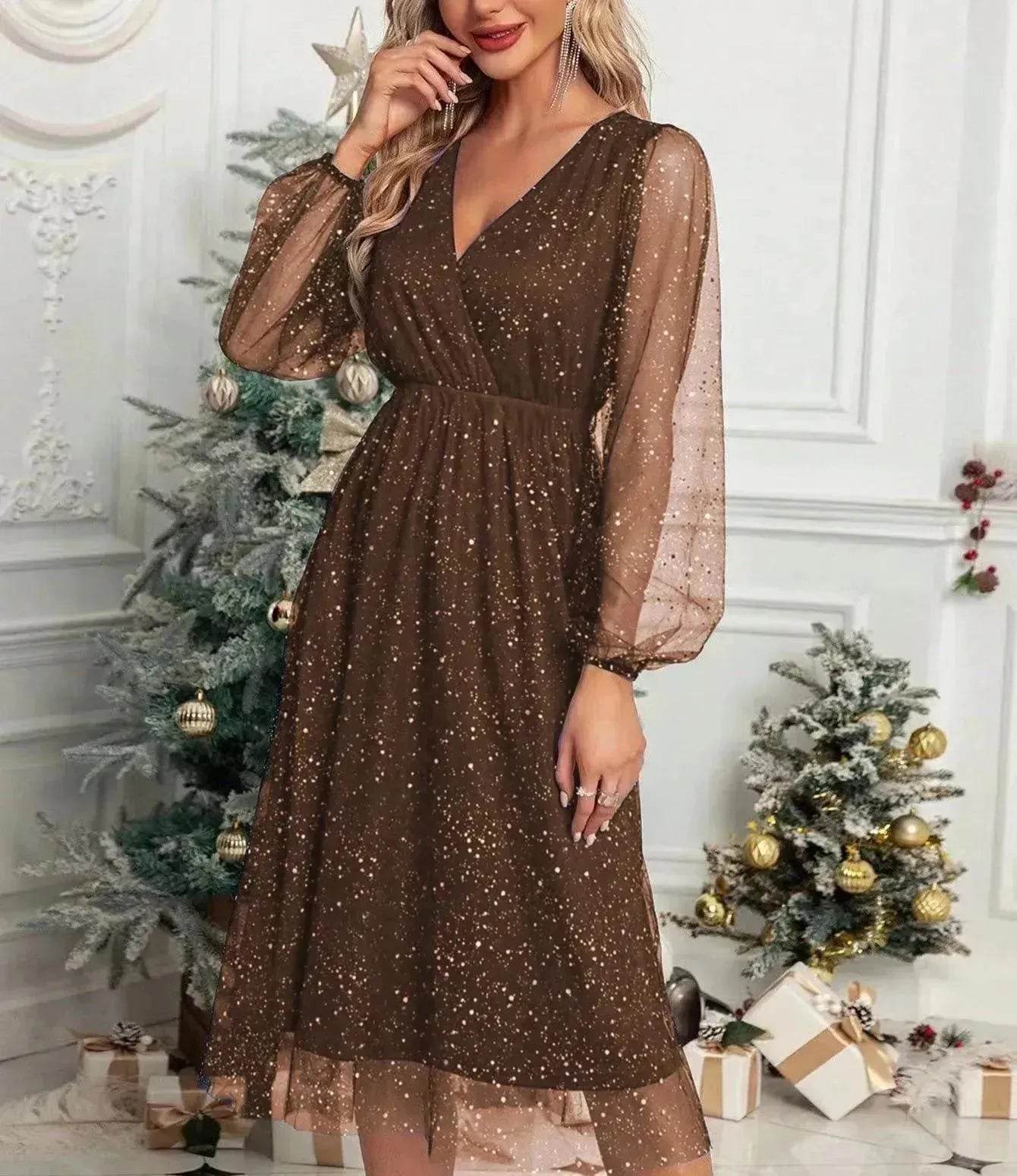 Women Fashion Stitching Mesh V-Neck Midi Dress - www.Shopthatapp.com