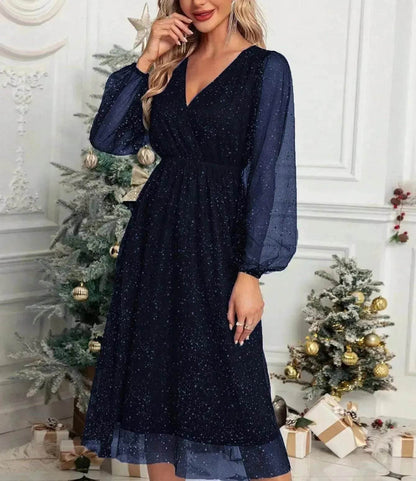 Women Fashion Stitching Mesh V-Neck Midi Dress - www.Shopthatapp.com