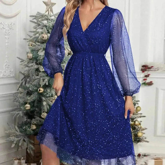 Women Fashion Stitching Mesh V-Neck Midi Dress - www.Shopthatapp.com