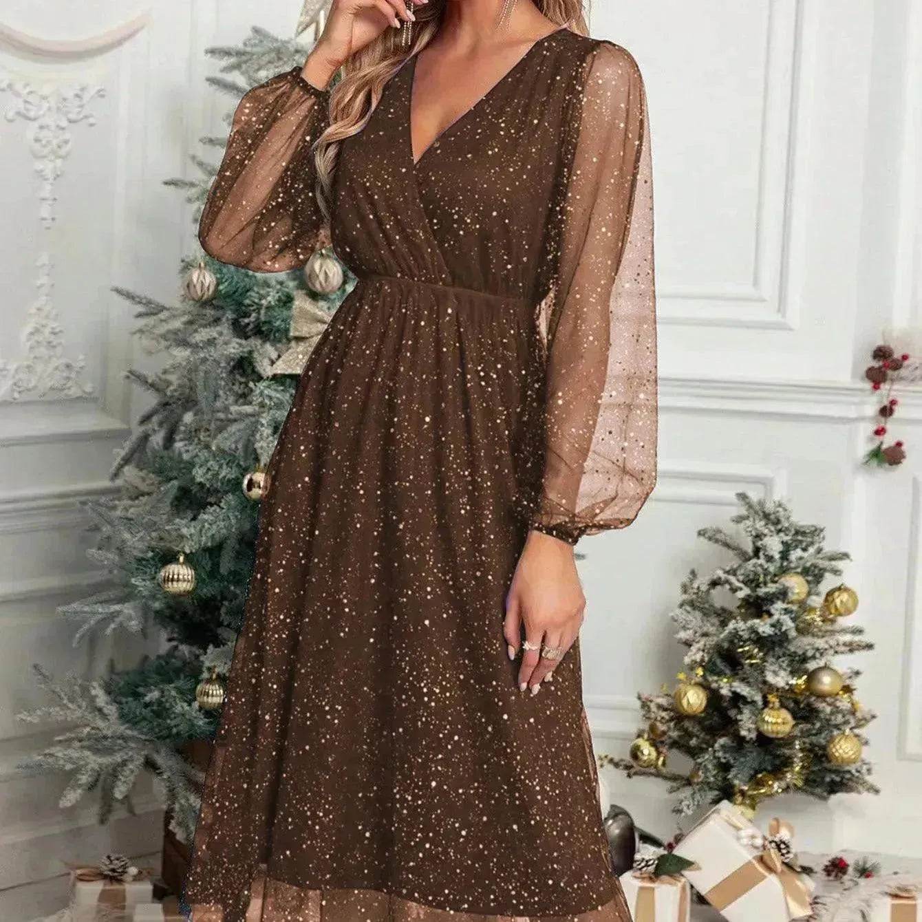 Women Fashion Stitching Mesh V-Neck Midi Dress - www.Shopthatapp.com