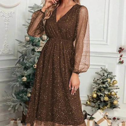 Women Fashion Stitching Mesh V-Neck Midi Dress - www.Shopthatapp.com