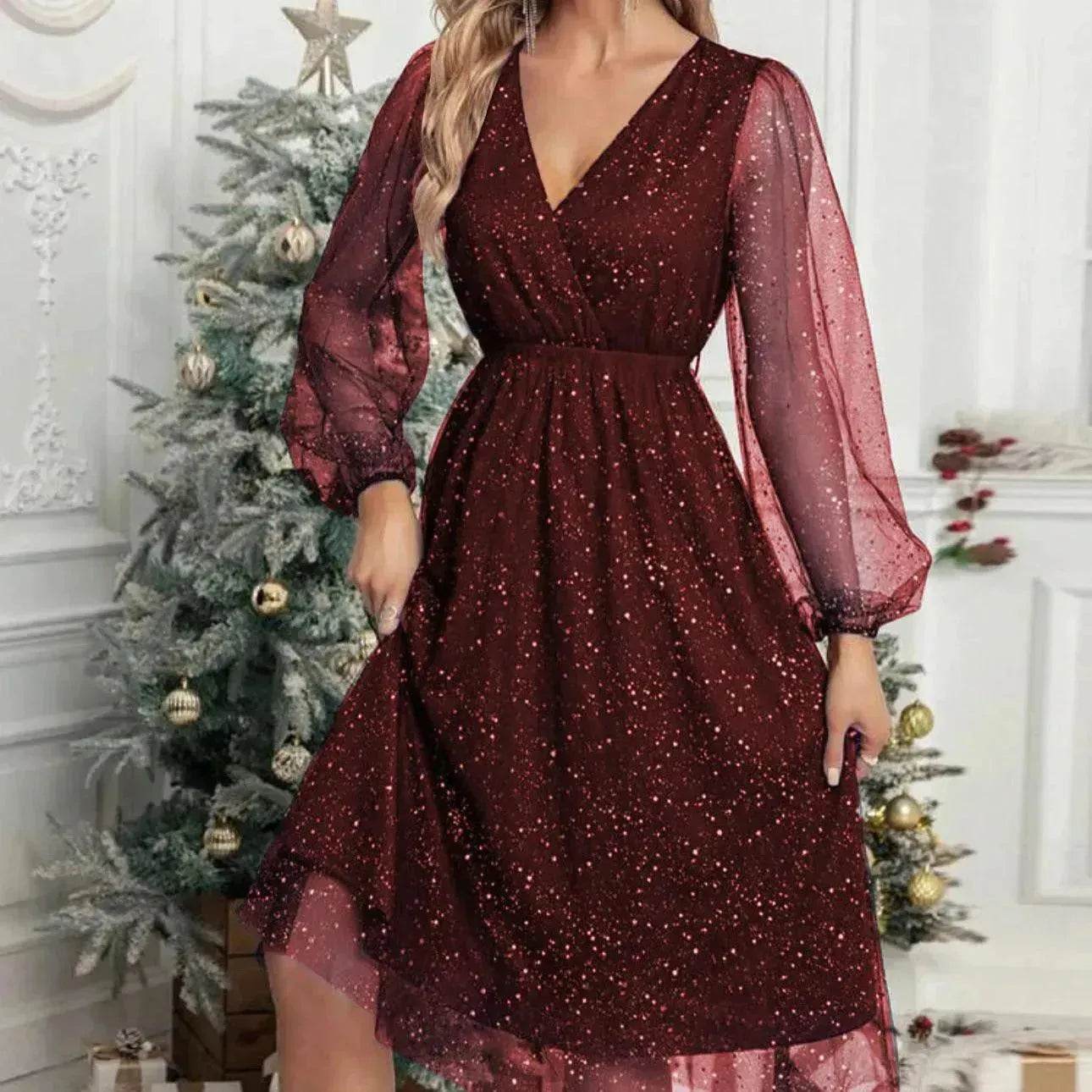 Women Fashion Stitching Mesh V-Neck Midi Dress - www.Shopthatapp.com