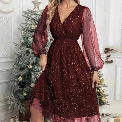 Women Fashion Stitching Mesh V-Neck Midi Dress - www.Shopthatapp.com