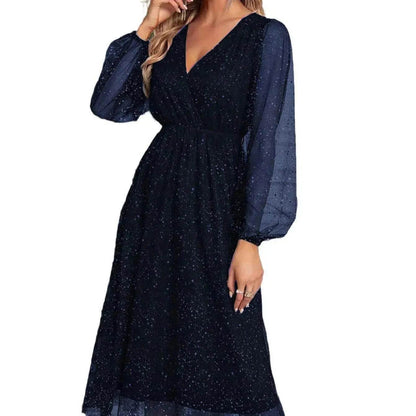 Women Fashion Stitching Mesh V-Neck Midi Dress - www.Shopthatapp.com