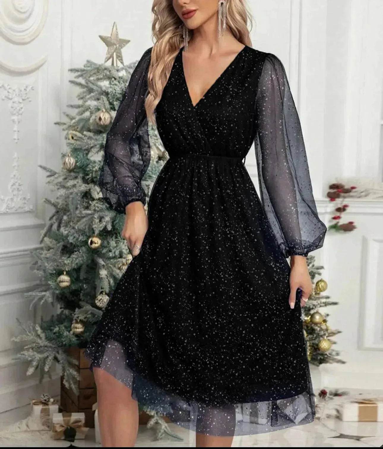 Women Fashion Stitching Mesh V-Neck Midi Dress - www.Shopthatapp.com
