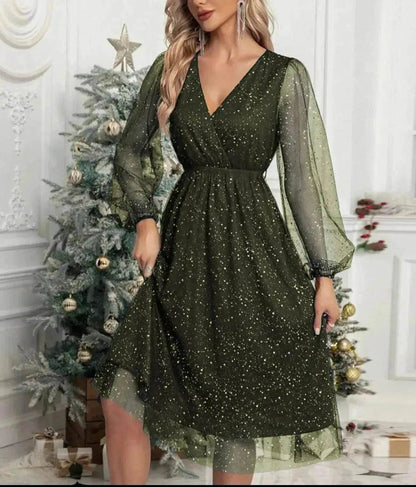 Women Fashion Stitching Mesh V-Neck Midi Dress - www.Shopthatapp.com