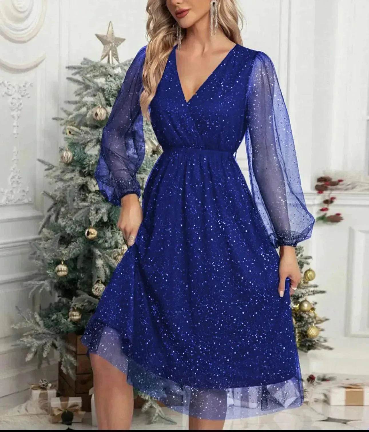 Women Fashion Stitching Mesh V-Neck Midi Dress - www.Shopthatapp.com