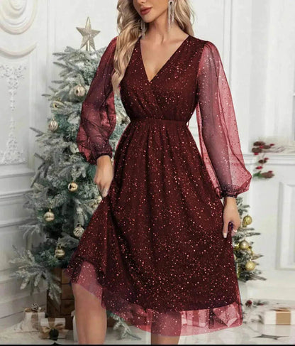 Women Fashion Stitching Mesh V-Neck Midi Dress - www.Shopthatapp.com