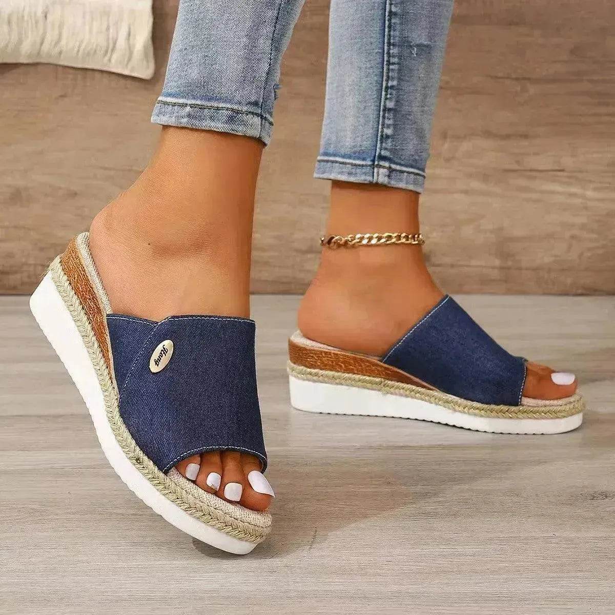 Women Fashionable Denim Canvas Summer Outdoor Hemp High Heel Slippers - www.Shopthatapp.com