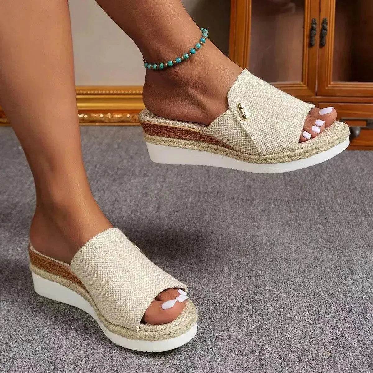 Women Fashionable Denim Canvas Summer Outdoor Hemp High Heel Slippers - www.Shopthatapp.com