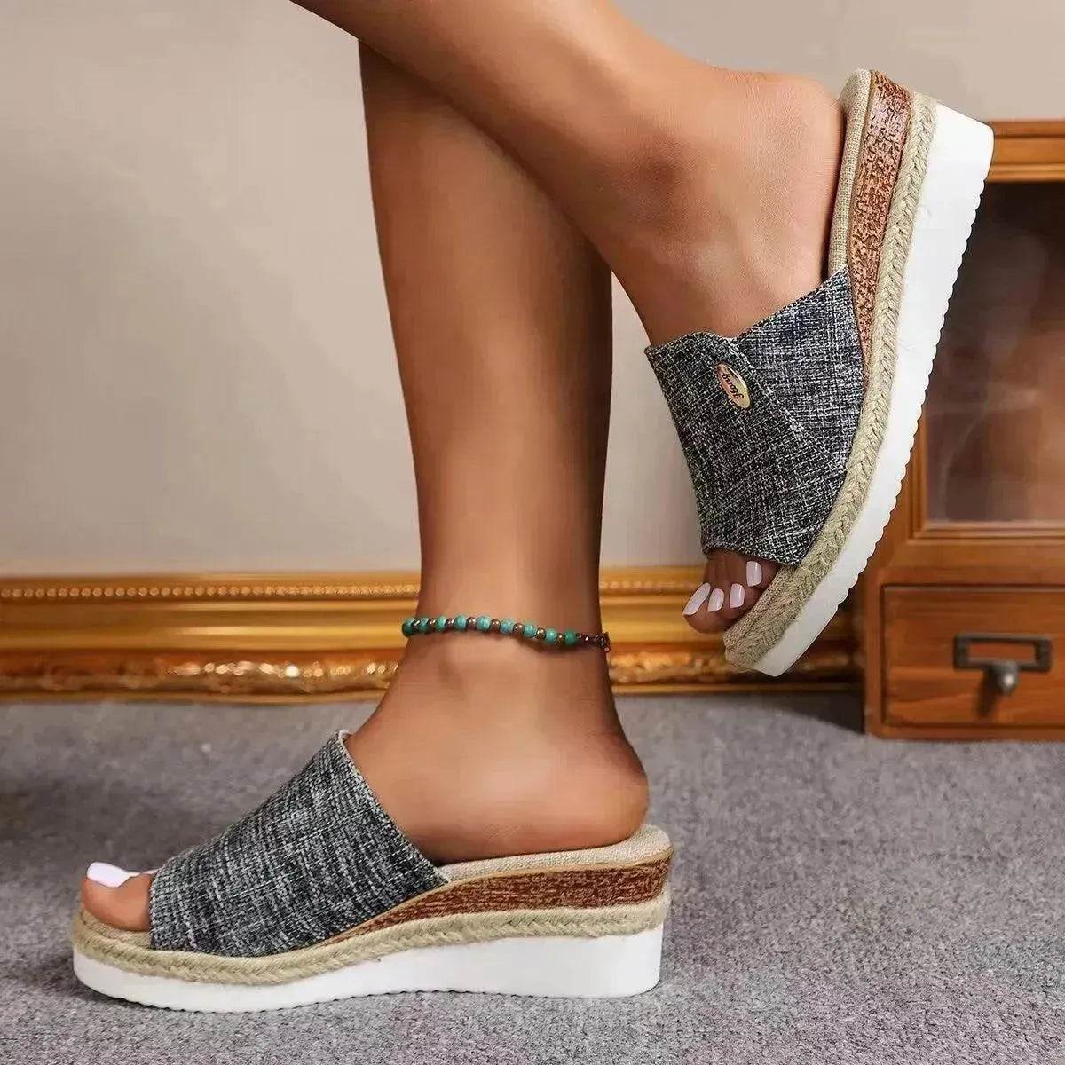 Women Fashionable Denim Canvas Summer Outdoor Hemp High Heel Slippers - www.Shopthatapp.com