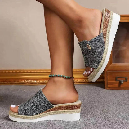Women Fashionable Denim Canvas Summer Outdoor Hemp High Heel Slippers - www.Shopthatapp.com
