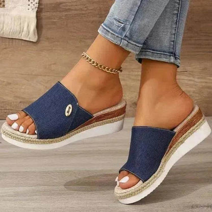 Women Fashionable Denim Canvas Summer Outdoor Hemp High Heel Slippers - www.Shopthatapp.com