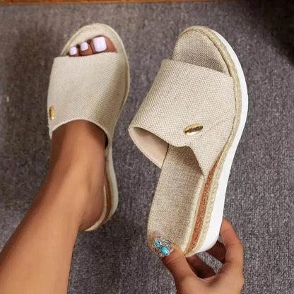 Women Fashionable Denim Canvas Summer Outdoor Hemp High Heel Slippers - www.Shopthatapp.com