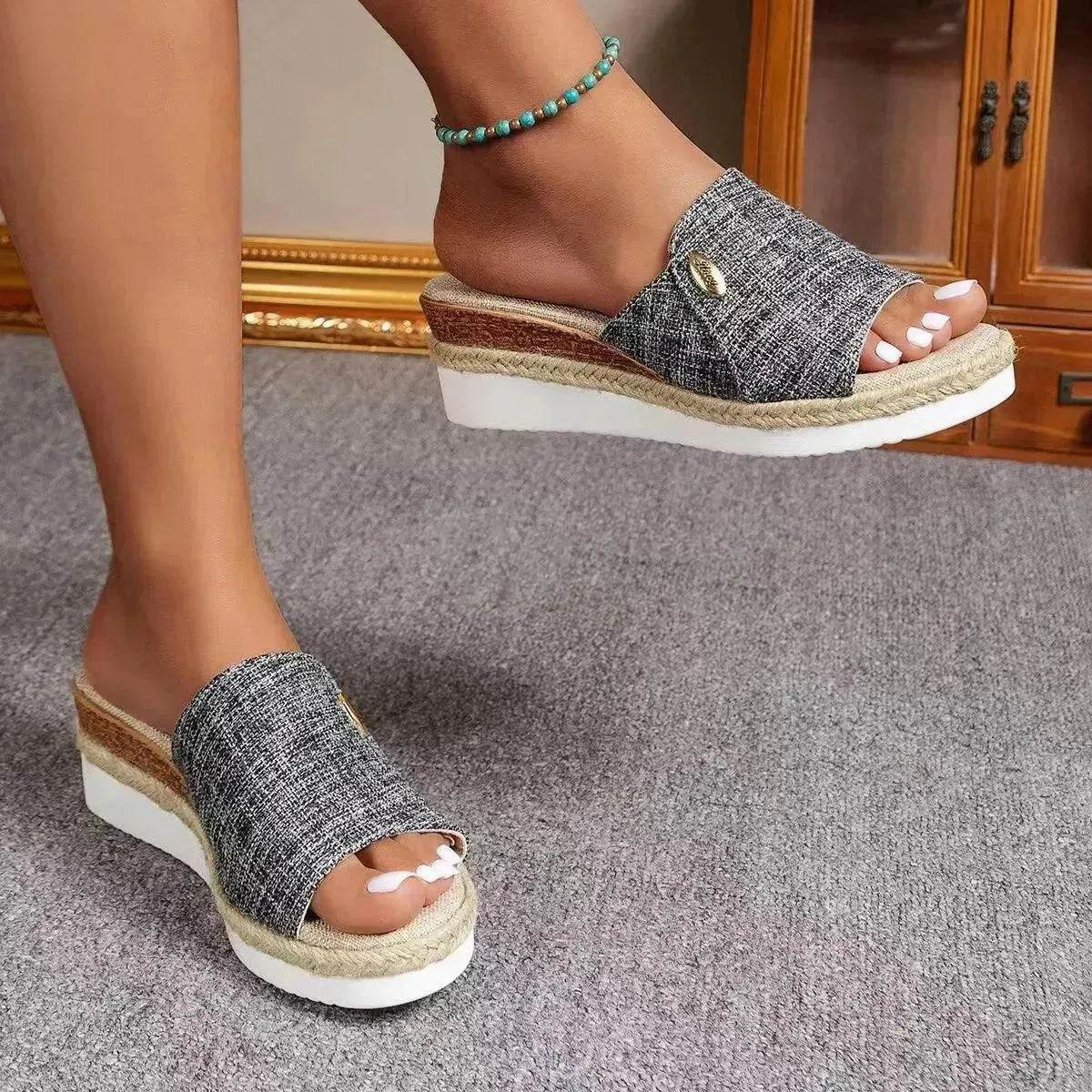 Women Fashionable Denim Canvas Summer Outdoor Hemp High Heel Slippers - www.Shopthatapp.com