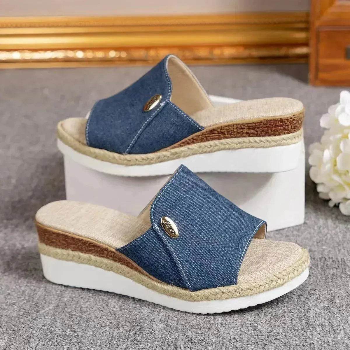 Women Fashionable Denim Canvas Summer Outdoor Hemp High Heel Slippers - www.Shopthatapp.com