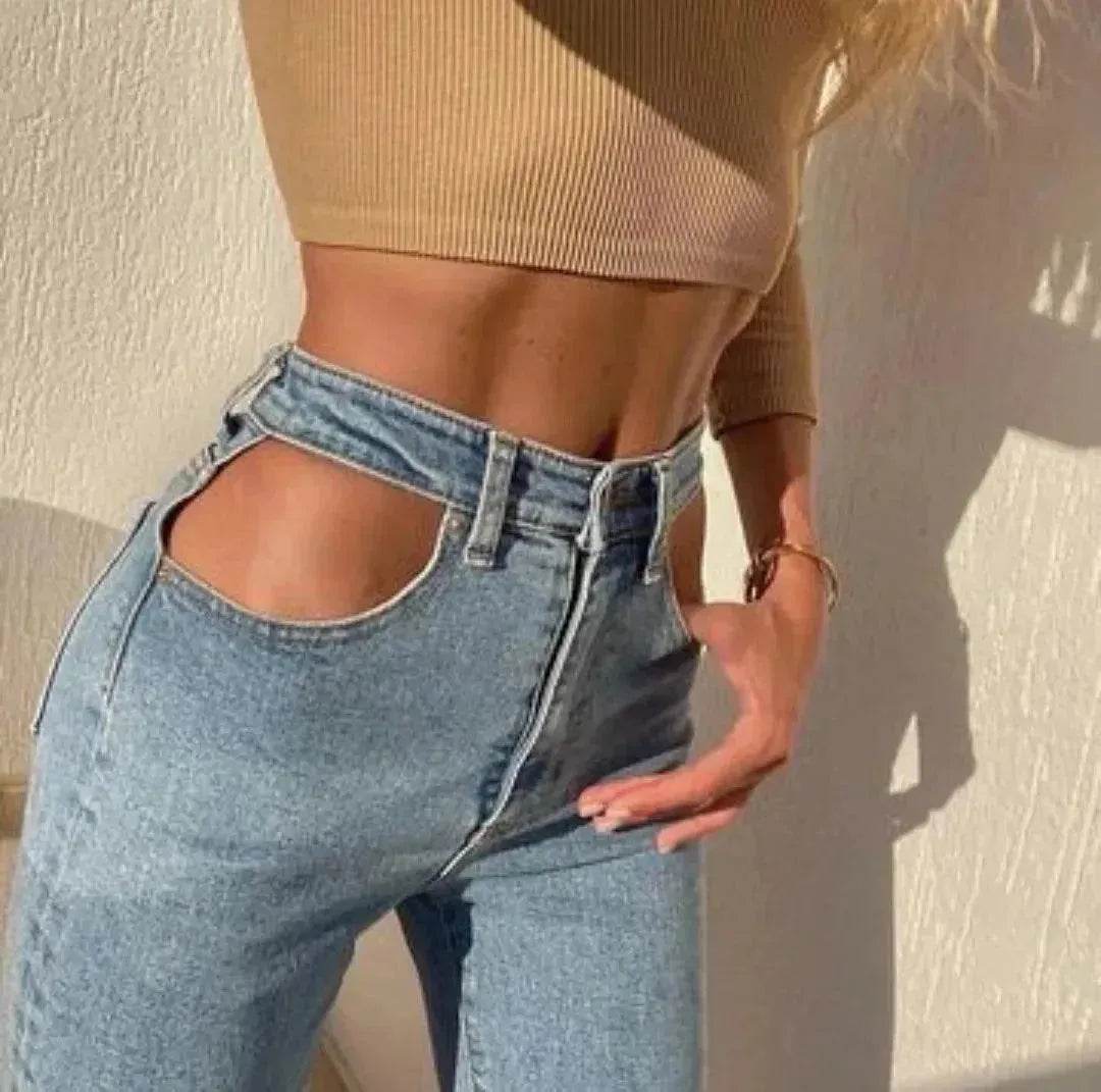 Women High Waist Loose Fit Blue Wash Casual Denim Trousers - www.Shopthatapp.com
