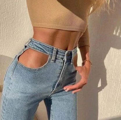 Women High Waist Loose Fit Blue Wash Casual Denim Trousers - www.Shopthatapp.com