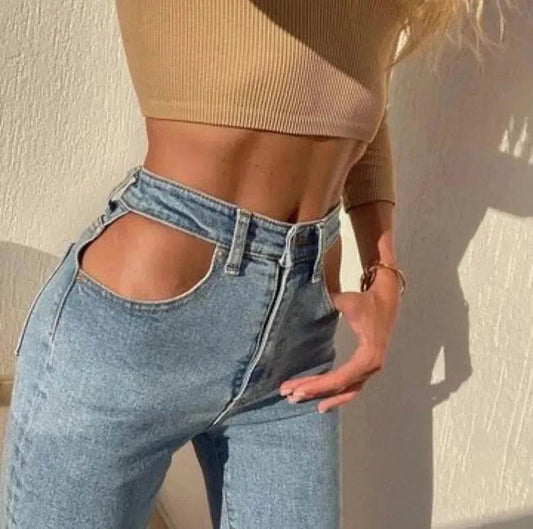Women High Waist Loose Fit Blue Wash Casual Denim Trousers - www.Shopthatapp.com