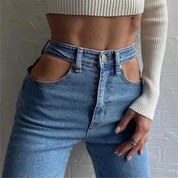 Women High Waist Loose Fit Blue Wash Casual Denim Trousers - www.Shopthatapp.com