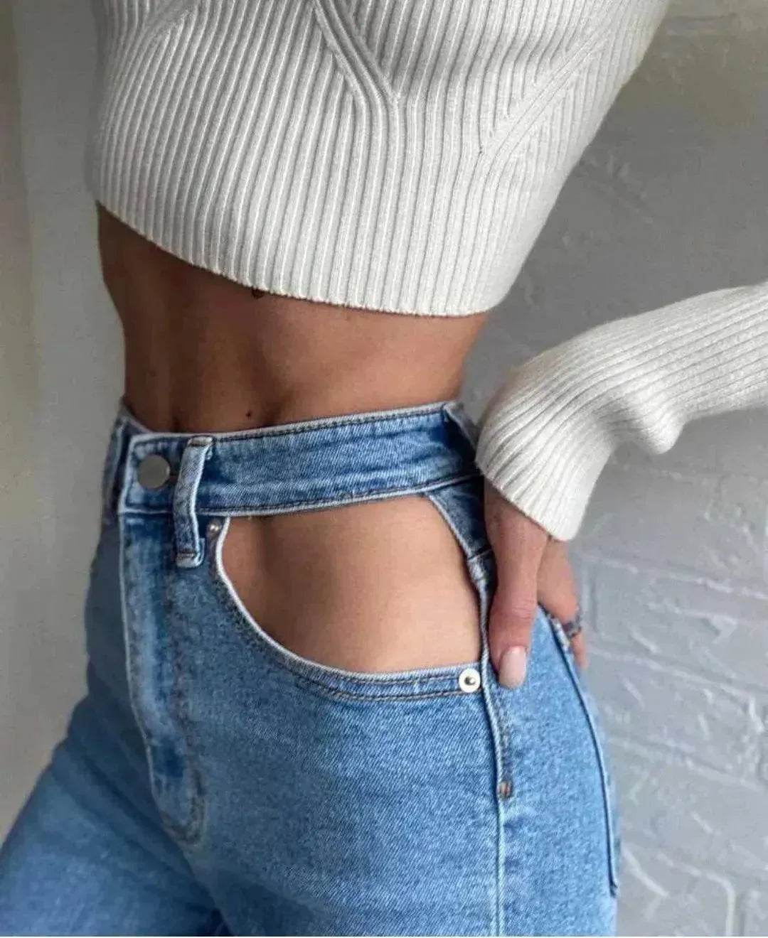 Women High Waist Loose Fit Blue Wash Casual Denim Trousers - www.Shopthatapp.com