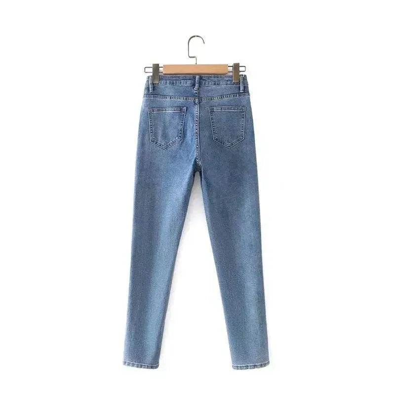 Women High Waist Loose Fit Blue Wash Casual Denim Trousers - www.Shopthatapp.com