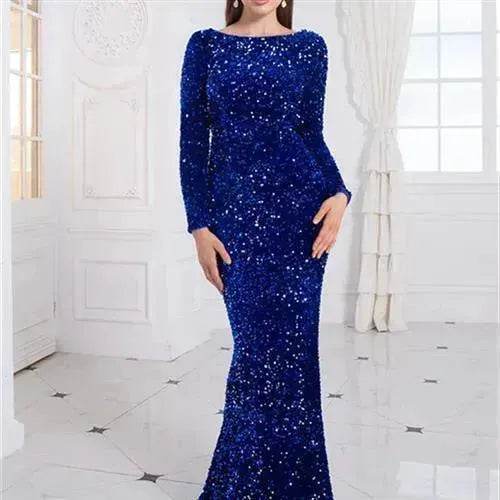 Women Modest Stretch Sequin Royal Blue Evening Prom Gown Party - www.Shopthatapp.com