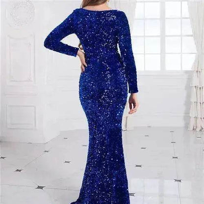 Women Modest Stretch Sequin Royal Blue Evening Prom Gown Party - www.Shopthatapp.com
