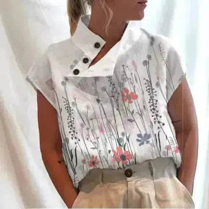 Women's Casual Stand Collar Short-sleeved Digital Printed blouse top - www.Shopthatapp.com