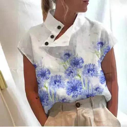 Women's Casual Stand Collar Short-sleeved Digital Printed blouse top - www.Shopthatapp.com