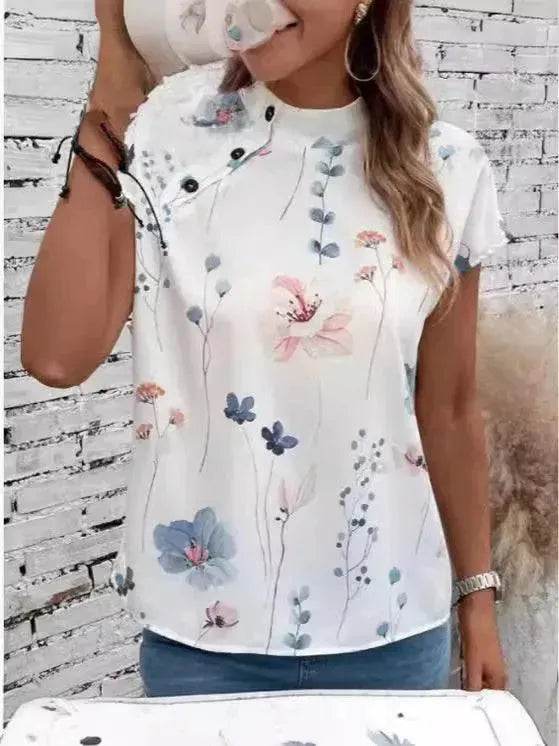 Women's Casual Stand Collar Short-sleeved Digital Printed blouse top - www.Shopthatapp.com