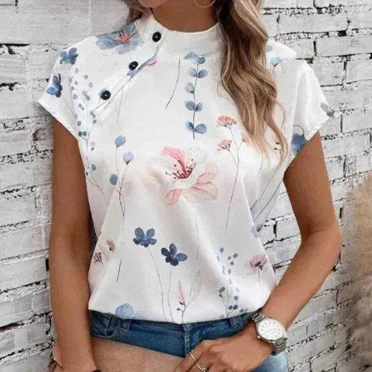 Women's Casual Stand Collar Short-sleeved Digital Printed blouse top - www.Shopthatapp.com