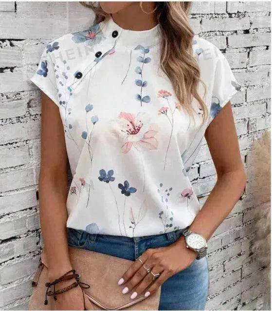Women's Casual Stand Collar Short-sleeved Digital Printed blouse top - www.Shopthatapp.com