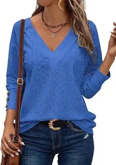 Women's Casual V-neck Long Sleeved Lace Casual Embroidered Shirt top - www.Shopthatapp.com